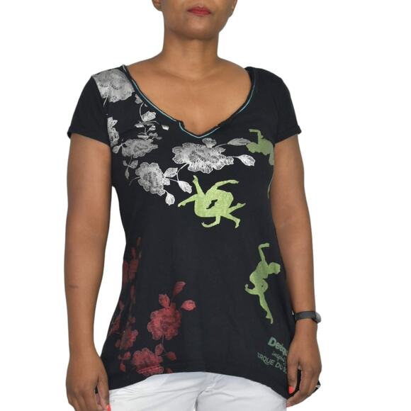 Desigual Cirque du Soleil Tee Black Foil Metallic Sharkbite T Shirt Size Small - Picture 1 of 15